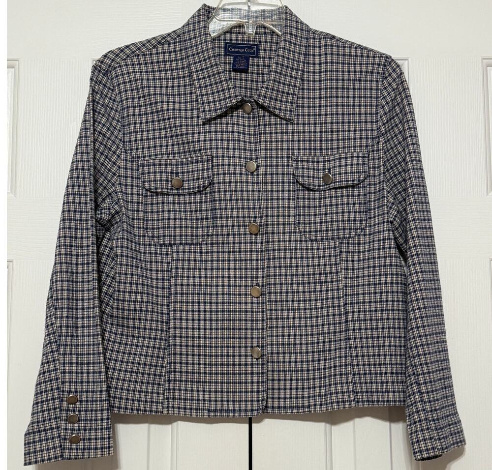 Casual Charter Club Long Sleeve Blue Plaid Trucker Jacket, Size L